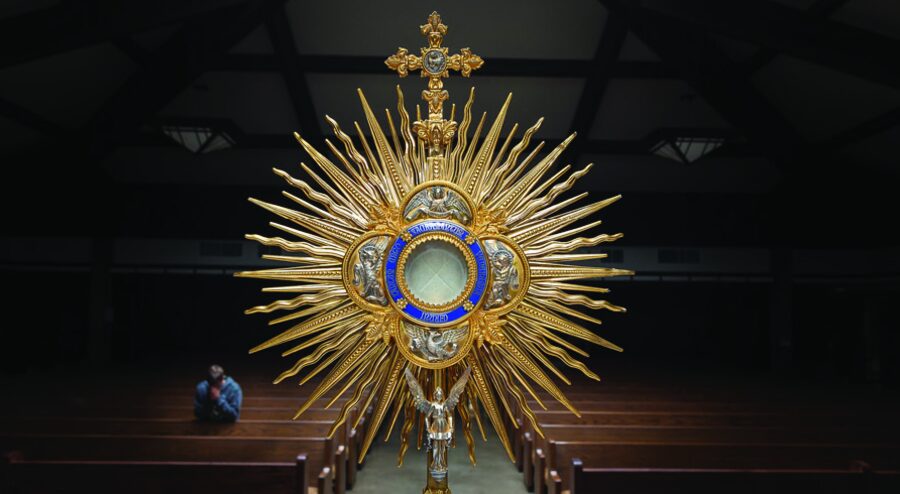 The consecrated bread of the Catholic Mass, the Eucharist, displayed in a monstrance