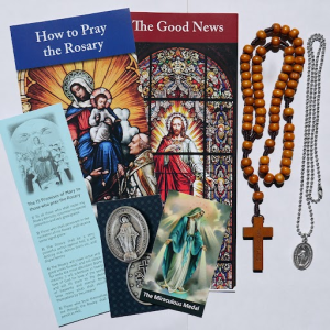 Free Rosary and Gospel Pack  rosary, ball chain, Miraculous Medal, holy card, pamphlets and bookmark